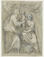 The Holy Family with Angels, Pomarancio (Cristoforo Roncalli) (Italian, Pomarance ca. 1553–1626 Rome), Black chalk highlighted with white chalk on blue paper