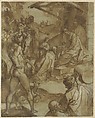 The Adoration of the Magi, Raffaellino da Reggio (Raffaello Motta)  Italian, Pen and brown ink, brush and brown wash, over black chalk, highlighted with white gouache, on blue-green paper