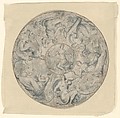 The Seven Virtues in a Roundel, with Faith at the Center, Jan Collaert I (Netherlandish, Antwerp ca. 1530–1581 Antwerp), Pen and brown ink and blue wash; lines indented for transfer