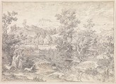 Roman landscape with figures near Paliano, Joseph Anton Koch Austrian, Pen and black ink, over graphite; squared in graphite