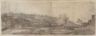 Italian Landscape with Buildings and Figures, Nicolas Didier Boguet French, Black chalk, pen and brown ink, and brush and brown wash