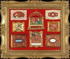 Eight Kunstbillets, Anonymous, Austrian, Viennese, 19th century Austrian, Gouache on card, cut and embossed paper with printed or inscribed mottoes, silk gauze, gilded paper borders, all mounted on red silk, framed