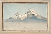 The Watzmann seen from the northeast, with additional sketches of a mountain; verso: sketch of the church of Sankt Bartholomä on the Königssee at the foot of the Watzmann, seen from the east, August Heinrich (German, Dresden 1794–1822 Innsbruck), Watercolor over a sketch in charcoal; verso, graphite. Framing line on the upper, left, and right edges of the recto (possibly by the artist)