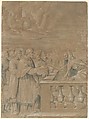 Allegory of the Triumph of Death over Church and State, Girolamo da Treviso Italian, Pen and brown ink, brush with brown and gray-blue wash, highlighted with white gouache, on brownish paper (probably blue originally).