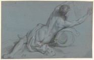Reclining River God, Louis de Boullogne the Younger French, Black chalk, heightened with white chalk on blue paper