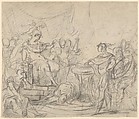 Mucius Scaevola Before King Porsenna, circle of François Boucher (French, Paris 1703–1770 Paris), Black chalk, with touches of red chalk on off-white antique laid paper