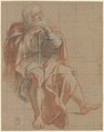 Seated Old Man Holding a Staff, Antoine Coypel French, Red and black chalk, stumped, heightened with white chalk, on beige paper; squared in black chalk