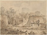 Farm Buildings beside a Waterway, Jean Honoré Fragonard French, Black chalk, pen and brown ink, brush and brown wash