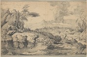 Landscape with Fishermen, Gaspard Dughet  French, Black chalk