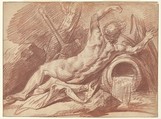Reclining River God, Jean-Baptiste Greuze French, Red chalk; framing lines in pen and brown ink