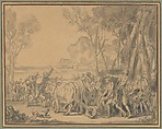 A Farmer Entrusting the Plow to His Son, Jean-Baptiste Greuze French, Brush and gray wash, over graphite; squared in graphite; framing lines in pen and brown ink. Verso of mount: figure in brush and gray wash