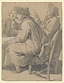 Three Men at a Table, Etienne Jeaurat  French, Black chalk, brush and gray wash, heightened with white gouache;  framing lines in pen and brown ink