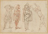 Figures in Theatrical Costumes, Claude Gillot (French, Langres 1673–1722 Paris), Pen and brown ink, brush and red wash, over red chalk