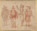 Figures in Theatrical Costumes, Claude Gillot (French, Langres 1673–1722 Paris), Pen and brown ink, brush and red wash, over red chalk