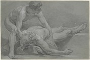 Two Nude Male Figures, Nicolas Bernard Lépicié  French, Charcoal, stumped, black chalk, heightened with white, on gray-green paper
