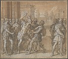 Coriolanus Vows Eternal Hatred to Rome, Henri Lérambert French, Pen and brown ink, brush and brown wash, heightened with white, over black chalk underdrawing