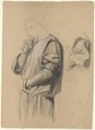 Standing Man, Eugène Leygue (French, Toulouse 1813–1877 Paris), Black chalk, stumped, heightened with white chalk, on beige paper; squared in red chalk