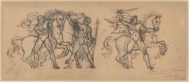 Three Warriors and Their Horses, Study for a Bas Relief Sculpture in the Chateau de Tervueren, François Rude (French, Dijon 1784–1855 Paris), Pen and brown ink over graphite with touches of black chalk