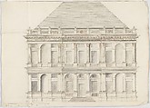 Two-Story Façade of a Palace with a Mansard Roof, Pietro Paolo Coccetti (Cocchetti) (Italian, documented Rome, 1710–1727), Pen and brown ink, brush and gray wash, over ruling in graphite