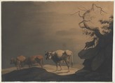 Cows and a Goat in a Landscape, Jean Pillement French, Gray, brown, and white gouache