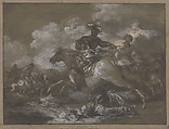 Cavalry Skirmish with a Fallen Soldier at Right, Francesco Casanova (Italian, London 1727–1803 Brühl), Brush with gray and brown wash, heightened with white