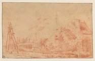 Landscape with a Cottage and Well, Antoine Watteau (French, Valenciennes 1684–1721 Nogent-sur-Marne), Red chalk. Framing lines in pen and brown ink. A strip of paper 1.1 cm. in height has been added at upper margin.
