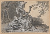 Lady with a Mirror, Claude Simpol (French, Clamecy 1666–1716 Paris), Pen and gray ink, brush and gray wash, heightened with white, over traces of graphite, contours incised