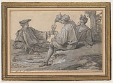 A Picnic Party, Claude Simpol (French, Clamecy 1666–1716 Paris), Pen and gray ink, brush and gray wash, heightened with white, over traces of graphite; contours incised