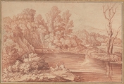 Landscape with Figures on the Bank of a River, Gaspard Dughet (French, Rome 1615–1675 Rome), Red chalk