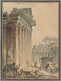 Capriccio with an Ancient Temple, Hubert Robert (French, Paris 1733–1808 Paris), Watercolor over pen and black ink, traces of black chalk underdrawing on off-white antique laid paper