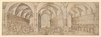 Three Scenes of the Assassination of Clerics, Augustin Braun German, Pen and brown ink over graphite with brush and brown and gray wash; framing lines in pen and brown ink