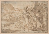 The Siege of Fiesole by the Goths, Friedrich Sustris  Netherlandish, born Italy (?), Black chalk, pen and brown ink, brush and brown wash; squared in black chalk; framing lines in pen and brown ink