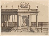 Colonnade and Fountain with a Crowned Armorial Shield, Anonymous, Italian, second half of the 18th century  Italian, Pen and dark brown ink with gray wash