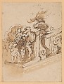 Design for Interior Corner of a Frieze or a Stairwell, Anonymous, Italian, 17th or 18th century  Italian, Pen and black ink, brown wash (recto) graphite (verso)