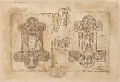 Two designs for ornamental plaques, Anonymous, French, 19th century French, Pen and brown ink with brown wash