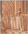 Scene 36: Reception of the heart and head of the Blessed Father Dom Jean de la Barrière, brought from Rome to his Abbey of Feuillants in 1626, where they are carefully preserved along with other relics of the Holy Abbot, Matthieu Elias  French, Red chalk, pen and brown ink, brush and brown wash, heightened with white, over graphite