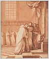 Scene 32: Supporters of the league pursue the Blessed Abbot to Rome; despite their calumnies his innocence is recognized by the pope himself, who order Cardinal Bellarmine to restore all his posts and honors, Matthieu Elias  French, Red chalk, pen and brown ink, brush and brown wash, heightened with white, over graphite