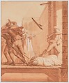 Scene 28: The Blessed Abbot having retired to the Château de Montaigu, soldiers of the league arrive to capture him as he leaves. A piece of wood falls from on high and scatters the soldiers and wounds the Holy Abbot, whom they leave for dead; he is miraculously cured and escapes, Matthieu Elias  French, Red chalk, pen and brown ink, brush and brown wash, heightened with white, over graphite