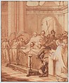 Scene 34: To satisfy the devotion of the people, they are forced to leave the Blessed Abbot's body on display for three days; many miracles are performed, Matthieu Elias  French, Red chalk, pen and brown ink, brush and brown wash, heightened with white, over graphite