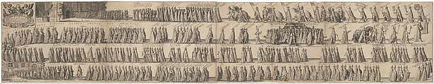 Funeral Procession of William Lodewijk count of Nassau, July 13, 1620 in Leeuwarden, Pieter Feddes van Harlingen  Dutch, Etching; frieze of four sheets joined and bound in a modern vellum and paper binding