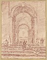Figures in a Roman Arcade, Hubert Robert French, Red chalk; framing lines in pen and brown ink