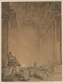 Figures in a Colonnade, Hubert Robert French, Pen and black ink, brush and gray and blue wash, heightened with white, over black chalk