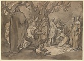 Christ and the Canaanite Women, Abraham Bloemaert (Netherlandish, Gorinchem 1566–1651 Utrecht), Pen and brown ink, brown wash, heightening with white, over black chalk, on beige paper; traces of framing line in pen and brown ink