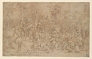 The Jews Collecting the Twelve Stones from the River Jordan, Pieter Coecke van Aelst (Netherlandish, Aelst 1502–1550 Brussels), Pen and brown ink, brush and brown wash, over black chalk; squared in black chalk