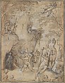 Diana and Actaeon, Bartholomeus Spranger (Netherlandish, Antwerp 1546–1611 Prague), Pen and brown ink, brush and brown and gray wash, white heightening, over traces of black chalk, on paper washed blue and pink