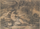 Diana and Acteon, François André Vincent  French, Black chalk heightened with white, over stumped charcoal, on beige paper