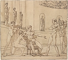 The Clemency of Augustus (recto); Knight Restraining a Female Figure (verso), François André Vincent (French, Paris 1746–1816 Paris), Pen and brown ink, brush and brown wash, over traces of red chalk; perspective lines in graphite (recto).  Red chalk; squared in red chalk (verso).