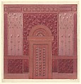 Design for Wall Elevation with Magnolias, Auguste Herbst  French, Pen and gray ink, brush and crimson, rose and green wash, heightened with silver and gold
