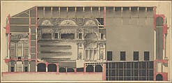 Longitudinal Section of a Theatre, Nicolas Marie Potain (1713–1796), Pen and black and gray ink, brush and gray, black, rose, and yellow wash