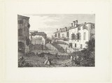 The Locks at Dolo, an oval-shaped basin with boats at center, buildings on either side, a fruit vendor and groups of figures in the foreground, from "Views" (Vedute altre prese da i luoghi altre ideate da Antonio Canal), Canaletto (Giovanni Antonio Canal)  Italian, Etching; second state of three